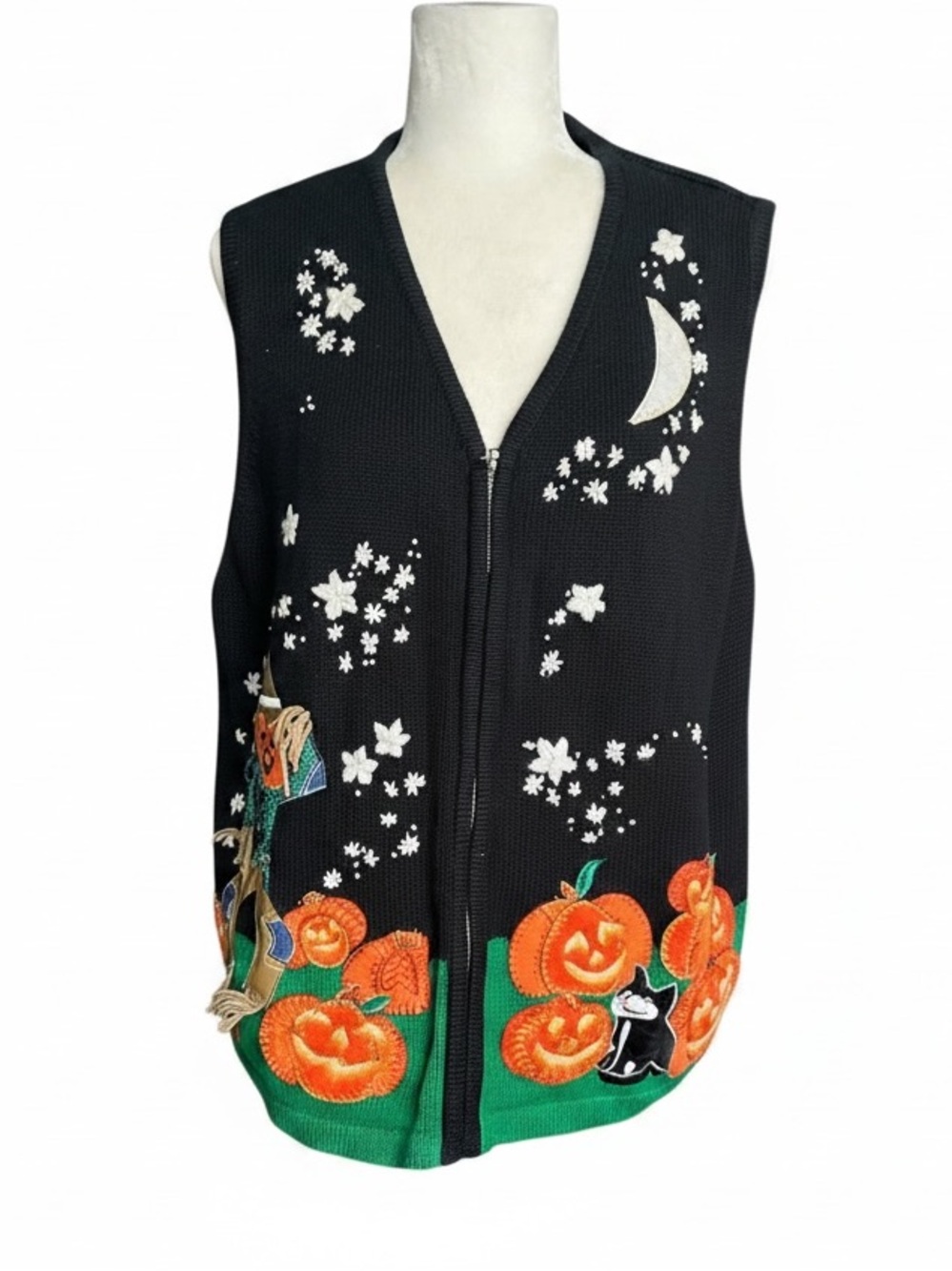 Vintage 🍂🎃🐈‍⬛  Black Halloween Embroidered Pumpkin Cat Knit Vest -  L